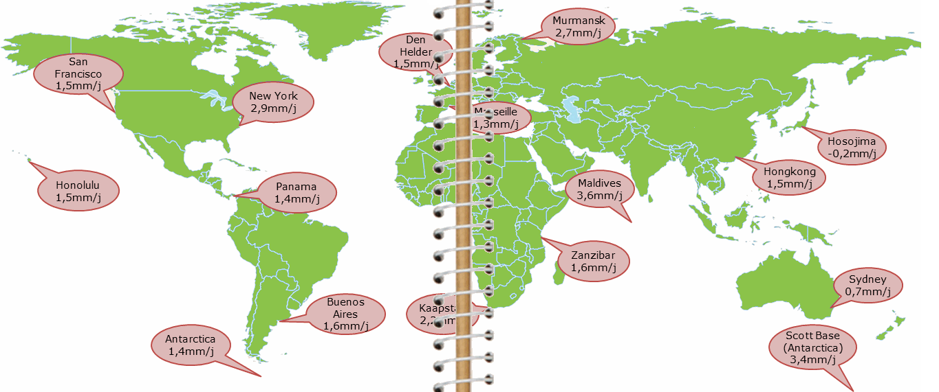wereldkaart met de zeespiegelstijging